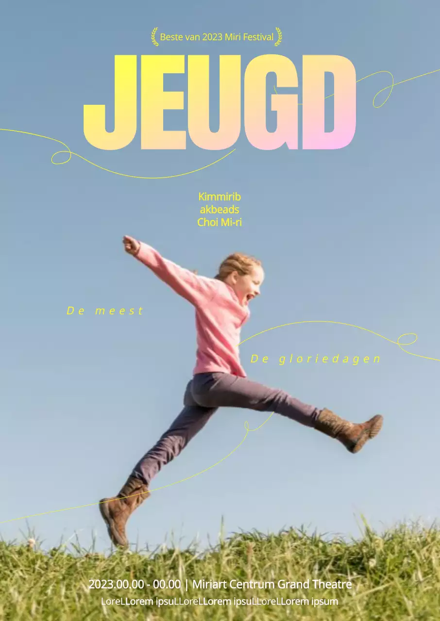 Een theatrale voorstelling van dynamische lijnen en lettertype-indelingen op een heldere herfsthemel met veldachtergrond en jeugdige foto's