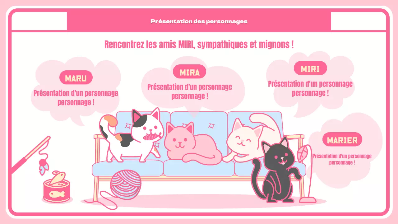 Page de présentation d'un personnage et d'un produit mignon sur fond de damier rose