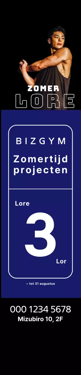 Windbanner voor zomerevenement met blauwe vierkanten en een atletische man op een zwarte achtergrond