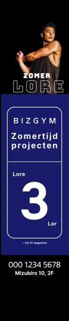 Windbanner voor zomerevenement met blauwe vierkanten en een atletische man op een zwarte achtergrond