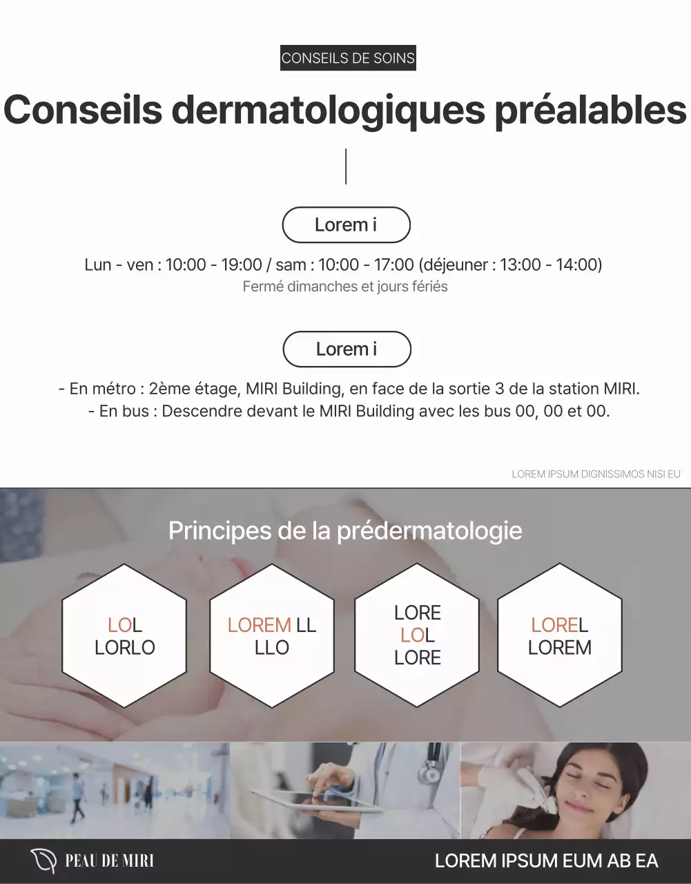 Publicité promouvant les procédures cosmétiques dermatologiques en brun et noir.