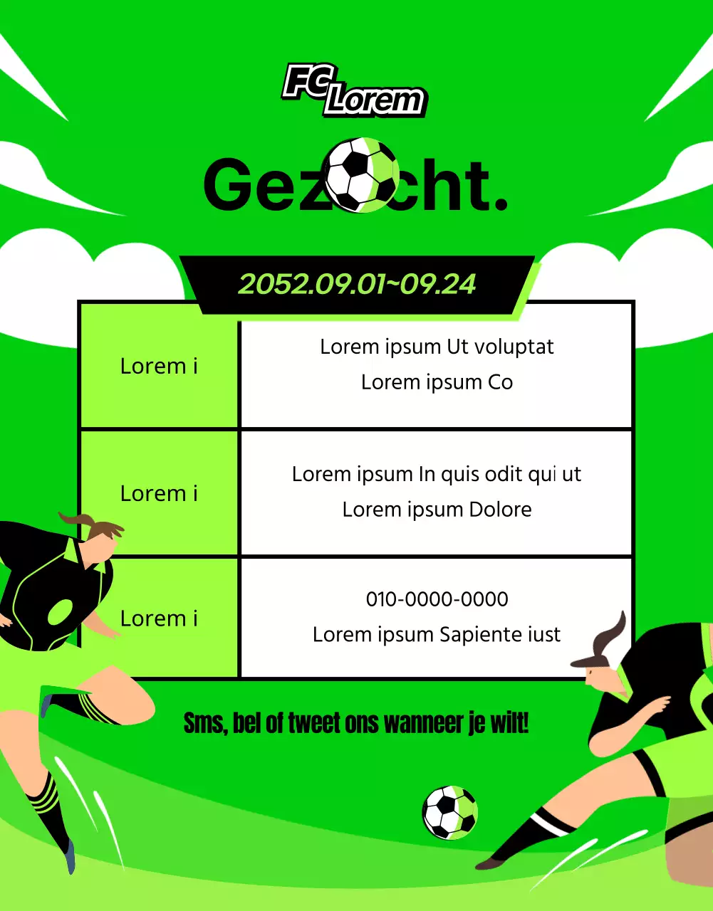 Dynamische werving voor damesvoetbal in limegroen en zwart