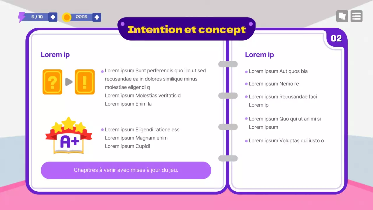 Proposition de concept de jeu scolaire en violet