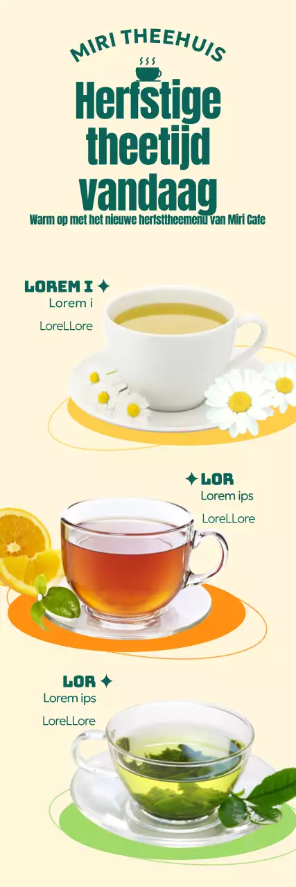 Een cafémenu met kleurrijke geometrische afbeeldingen en foto's van warme herfstthee