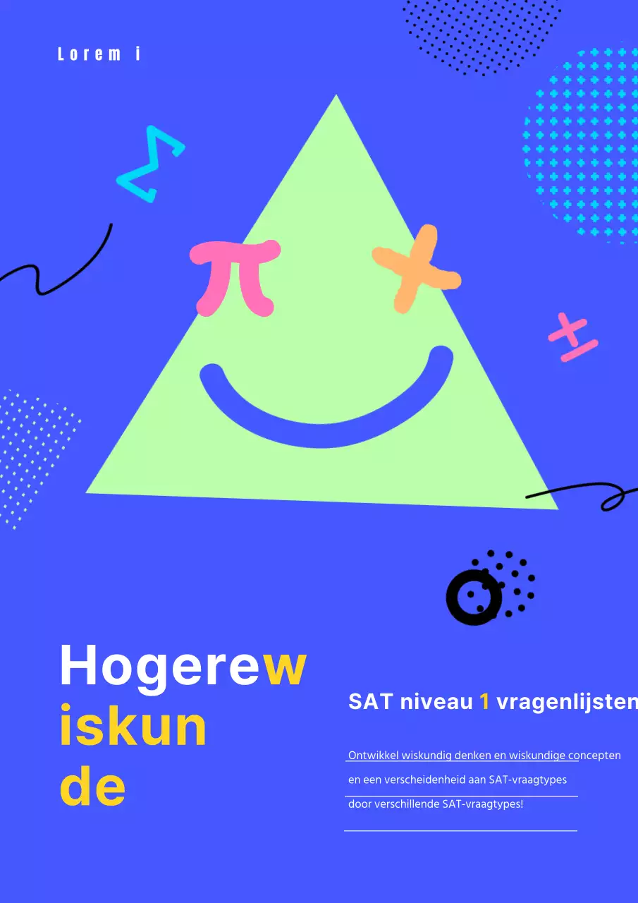 Middelbare school basisschool wiskunde werkboek referentie in paars en lime groen en geel wiskundige symbolen en geometrische vormen