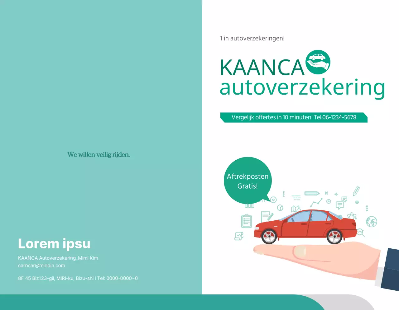 Promoot autoverzekeringen met turquoise en witte autofoto's en pictogrammen