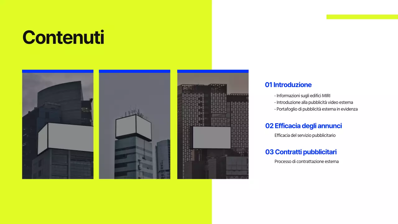 Proposta di cartellone pubblicitario per edifici di colore blu e lime