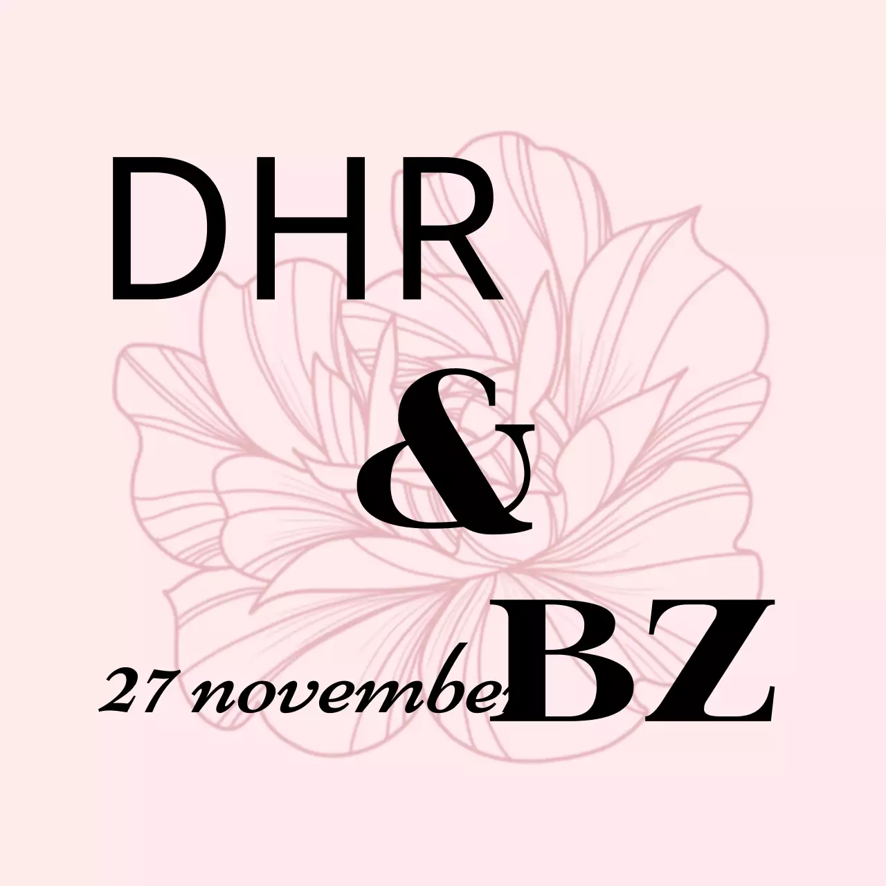 Promoot een eenvoudige huwelijksuitnodiging met lichtroze en zwarte tekst en bloemenillustraties