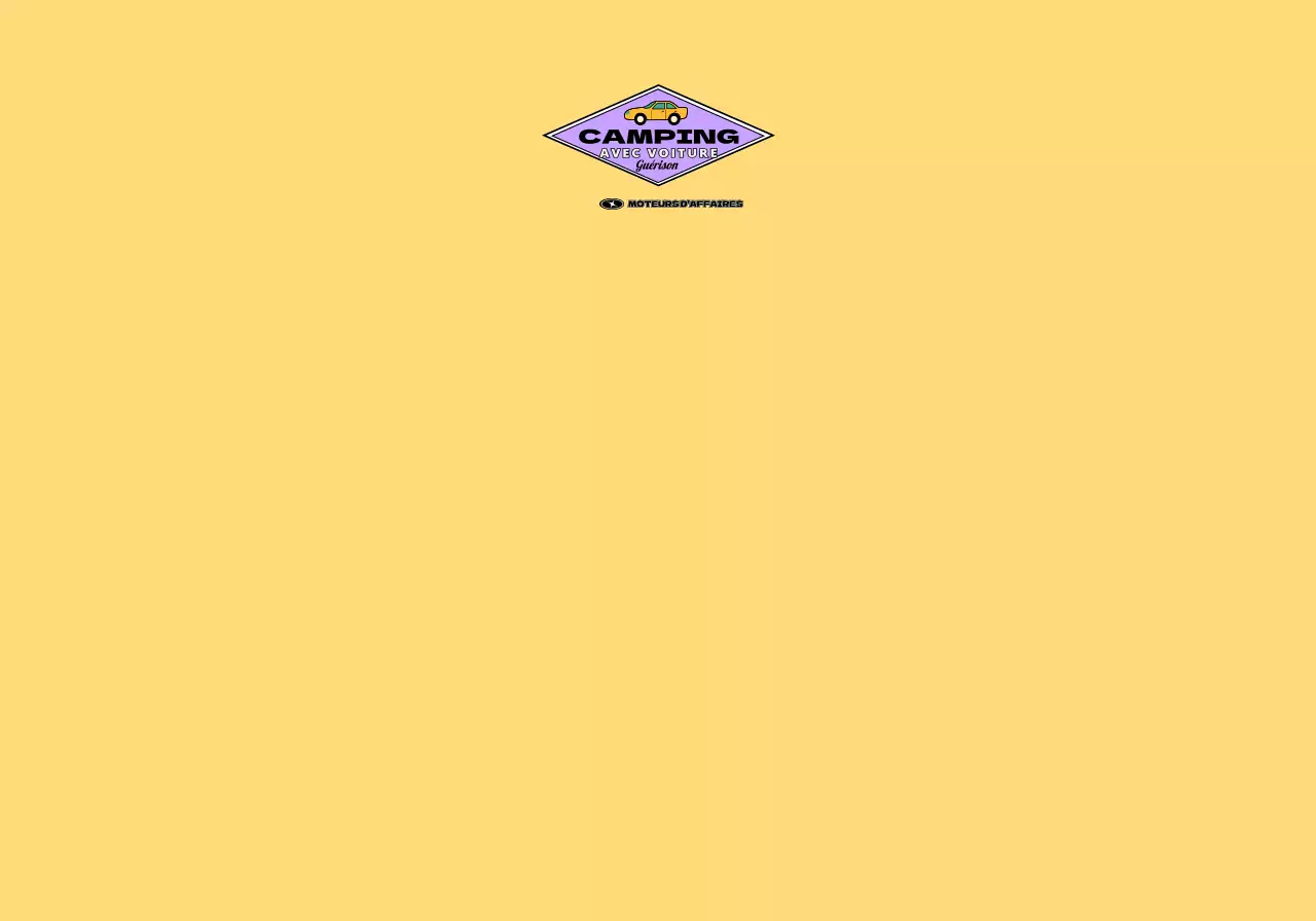 Concessionnaire de voitures avec poches pliantes dans un concept de camping automobile décoré d'autocollants jaunes et bleus de concept pour adolescents