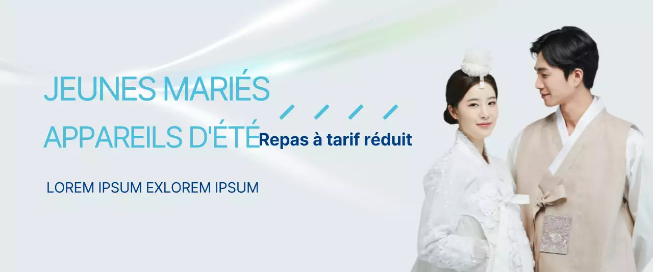 Bannière de vente d'appareils électroménagers pour les jeunes mariés en bleu et bleu clair