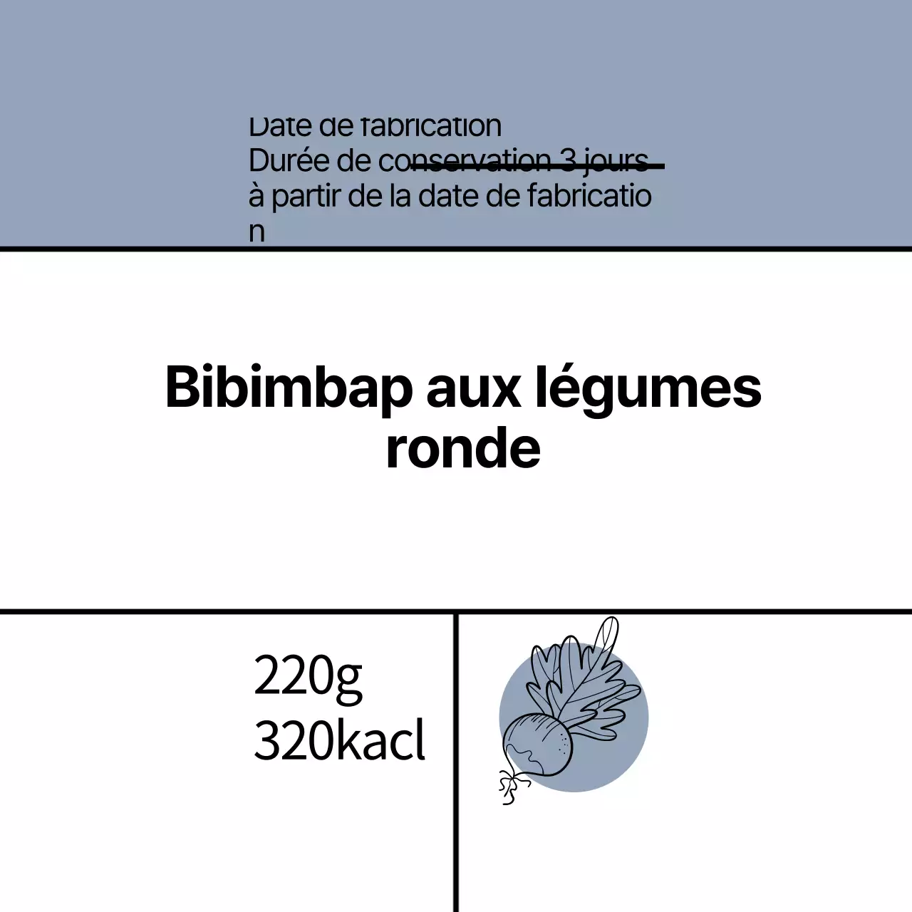 illustration bleue alimentation simple légumes bibimbap étiquette ronde