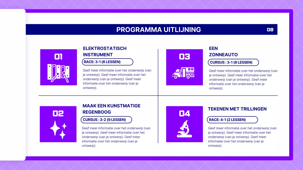 Voorstel voor een wetenschapsles met paarse pagina's