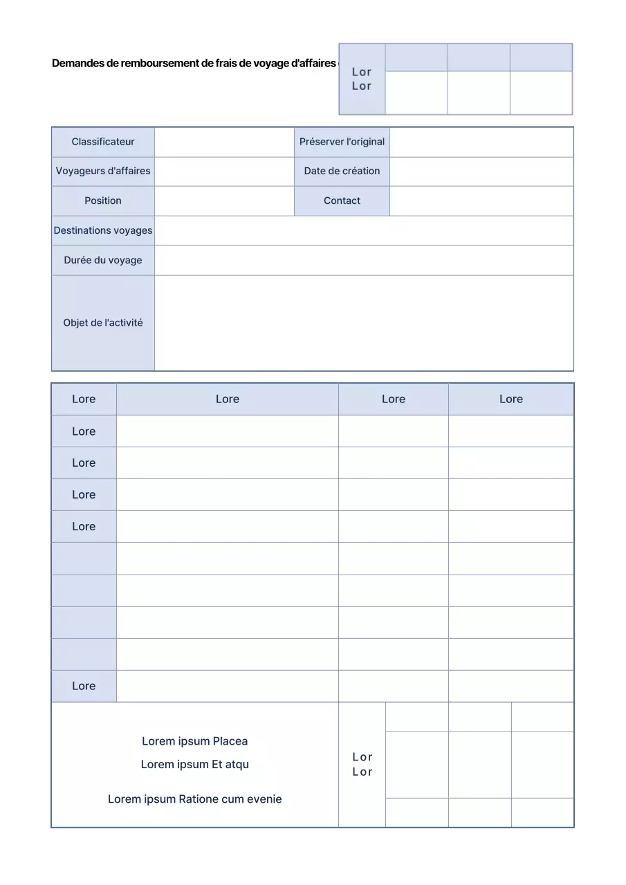 Modèle simple de document de demande de remboursement de frais et de justificatifs, de couleur bleue