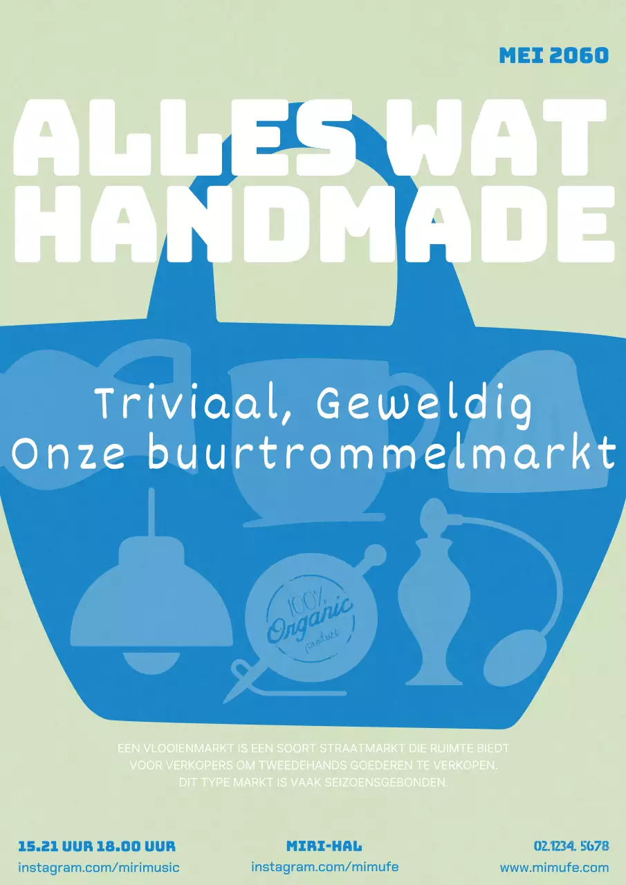 Promoot je blauwe en groene winkelwagentje handgemaakte rommelmarkt