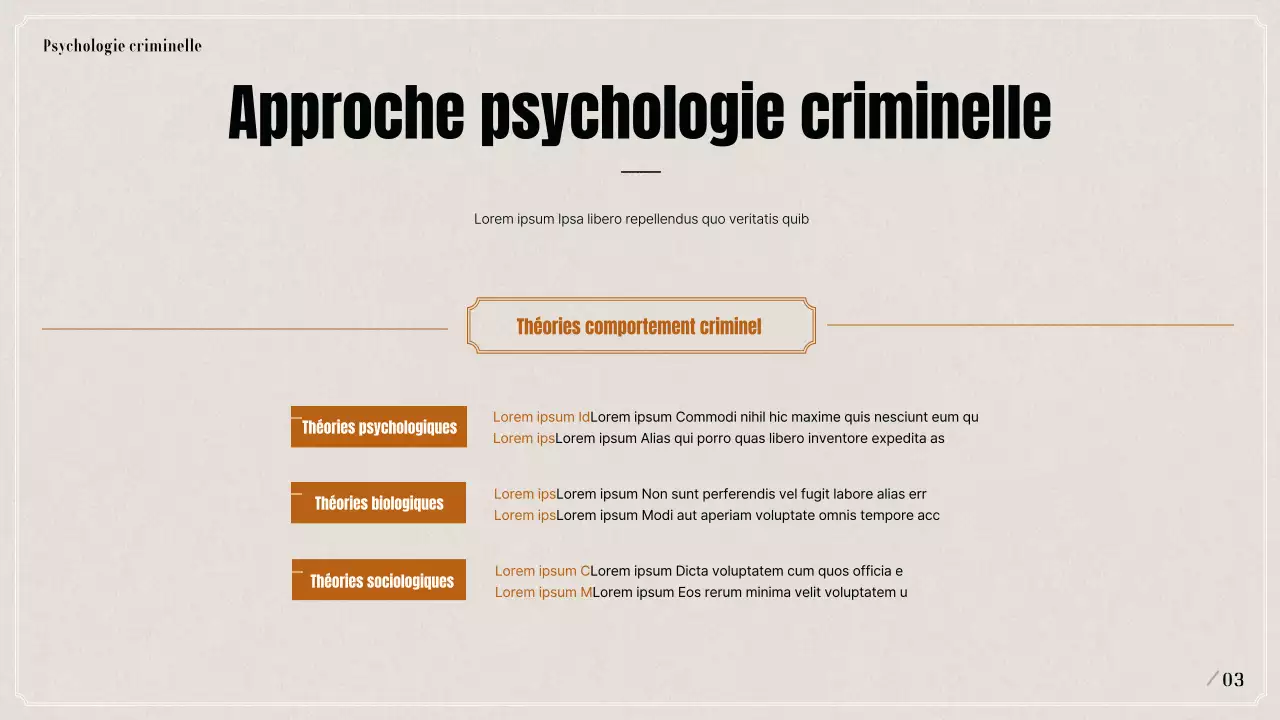 Présentation sur le profilage psychologique criminel en noir et beige