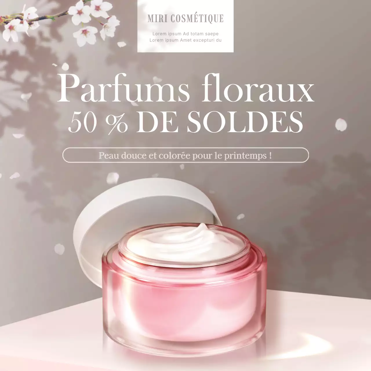 Promotion publicitaire de cosmétiques en rose et blanc sur le thème du printemps