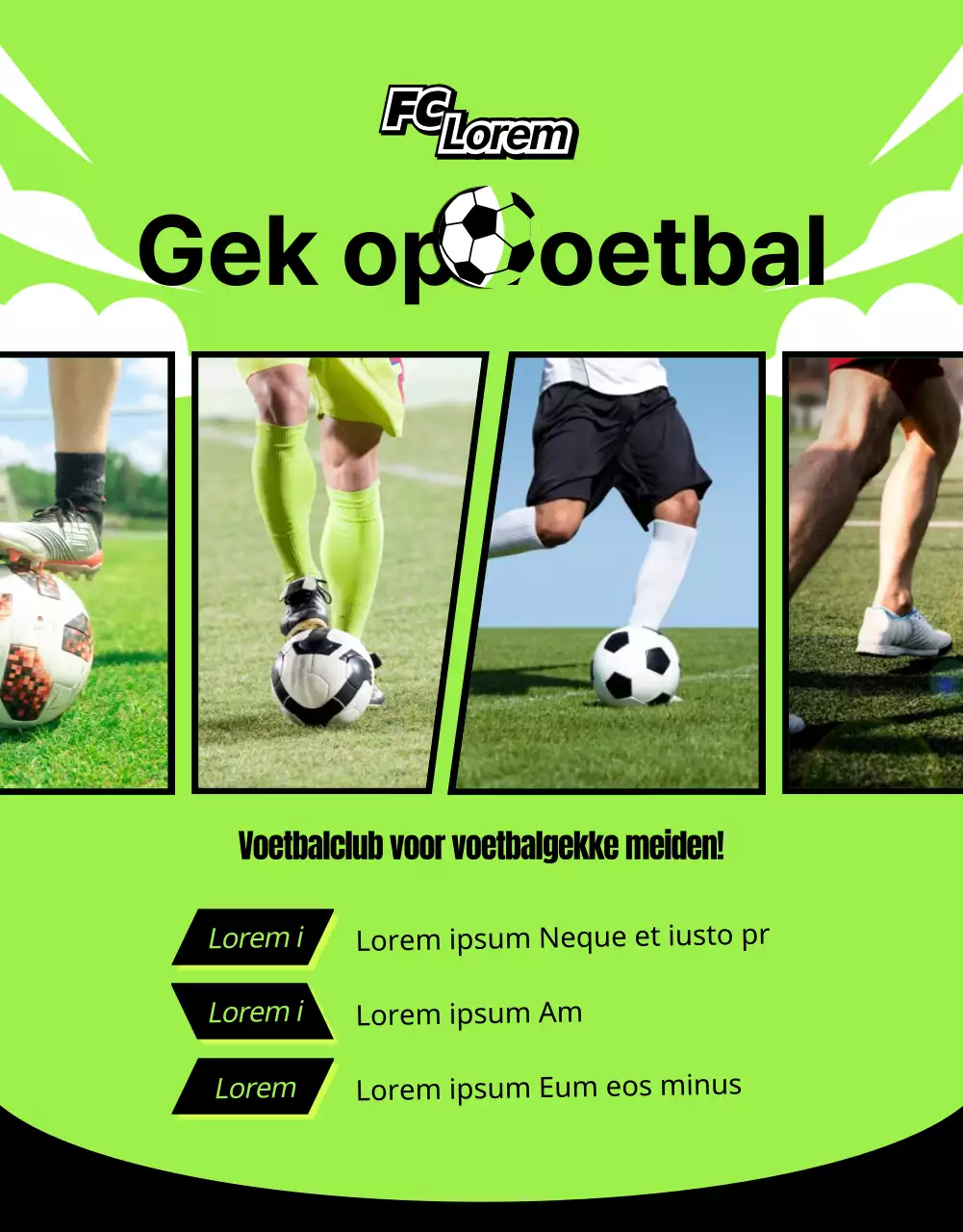 Dynamische werving voor damesvoetbal in limegroen en zwart