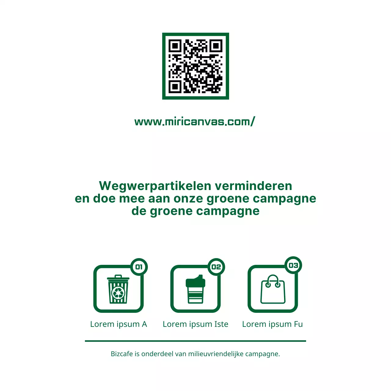 Eenvoudige, strakke opmaakstijl met combinatie van tekst en pictogrammen in groen en wit Groene campagnegids