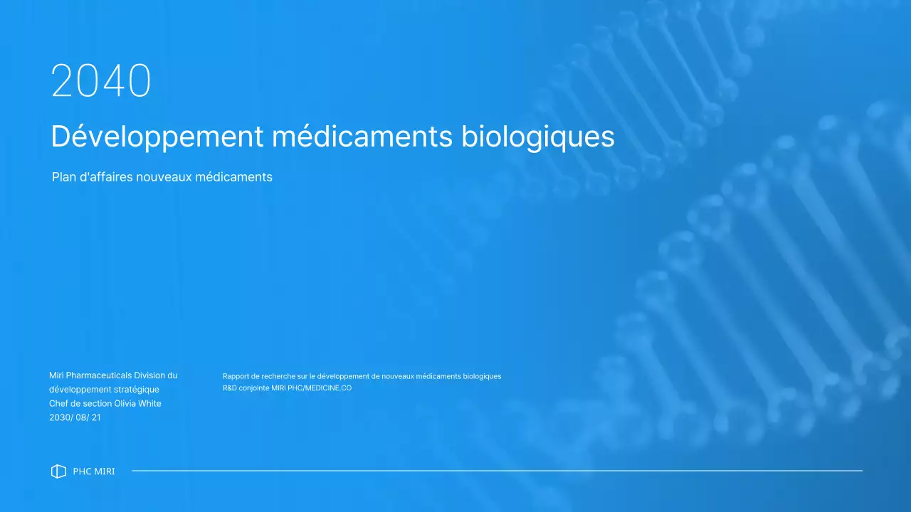 Un plan d'affaires propre, aux tons bleus, pour une entreprise pharmaceutique qui développe un nouveau médicament.