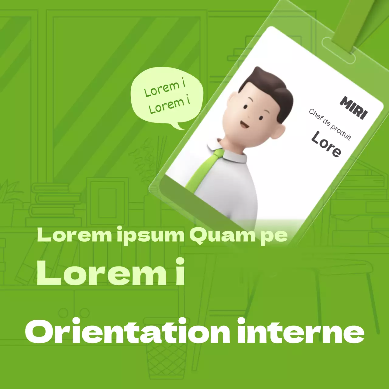 Illustration verte simple et carte d'employé en 3D pour présenter le système d'orientation interne.