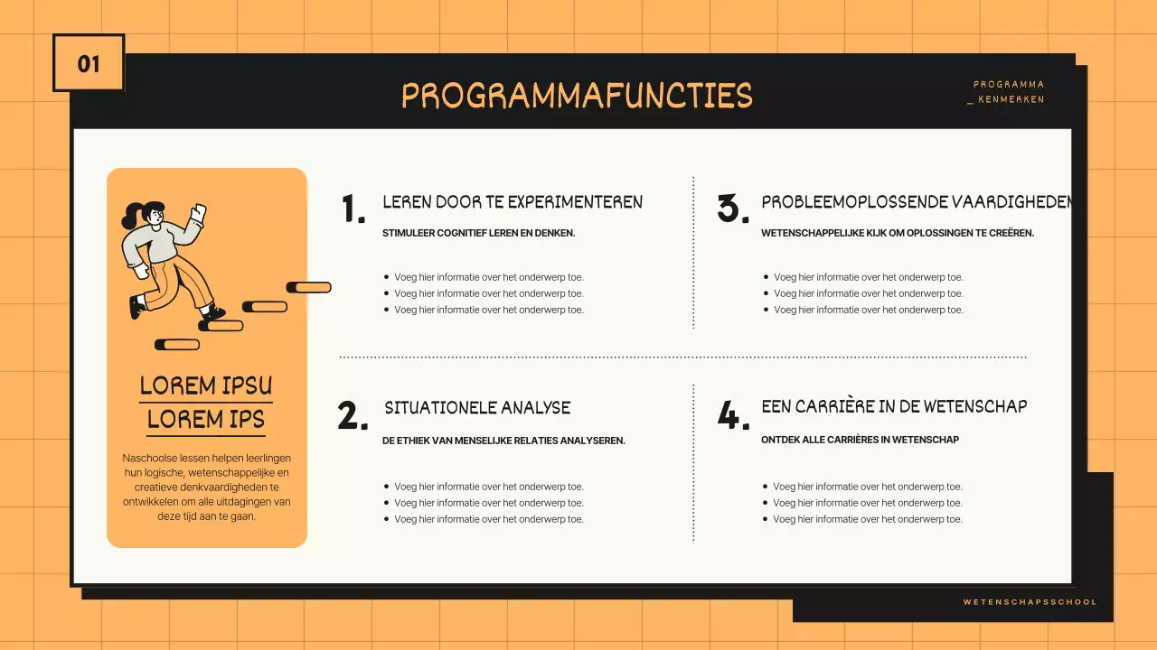 Programmavoorstel voor de wetenschapsklas met oranje en zwarte toonlijnen