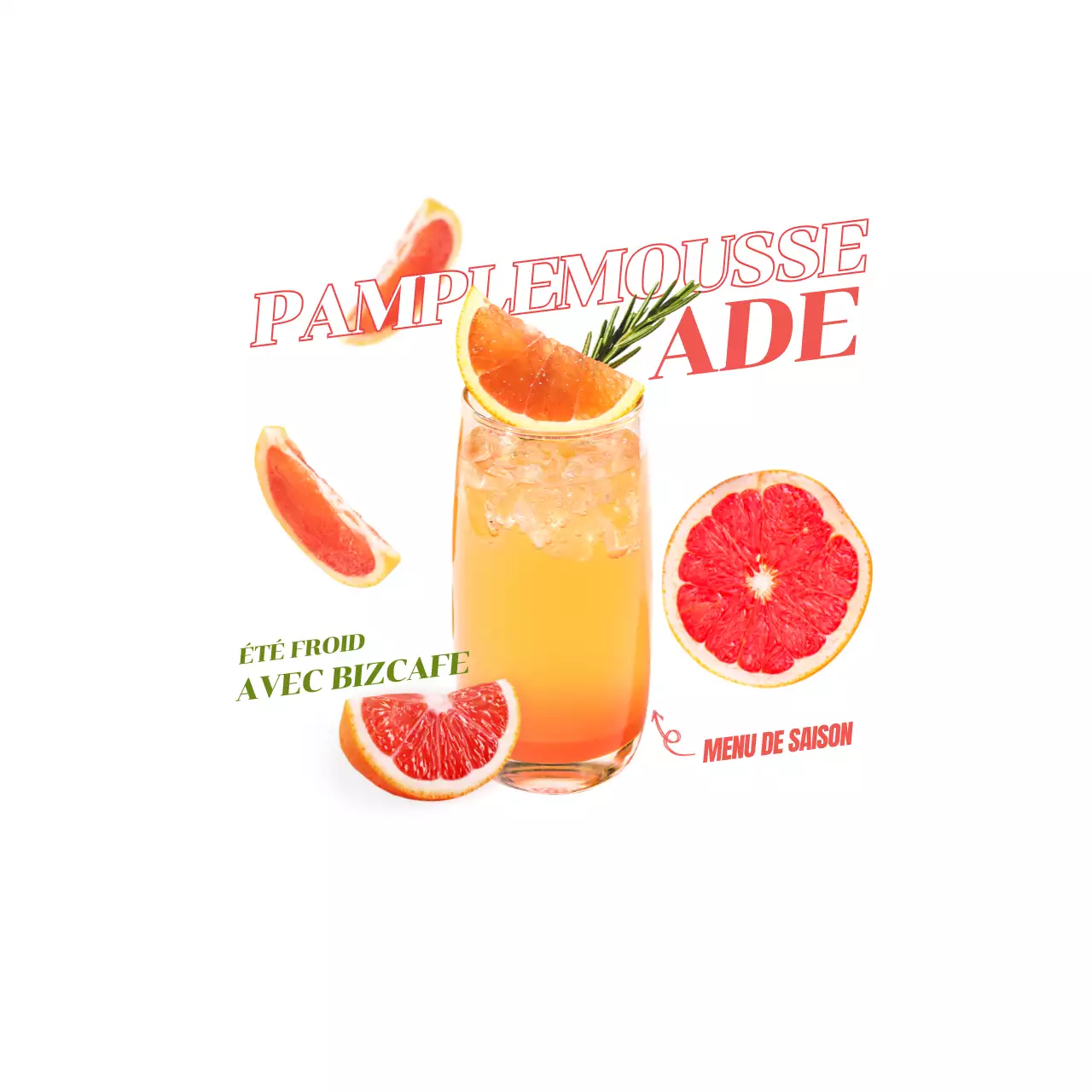 Promouvoir une boisson avec une photo d'un pamplemousse et une boisson au pamplemousse en rouge.