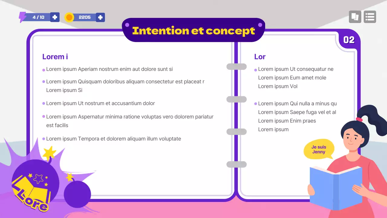 Proposition de concept de jeu scolaire en violet