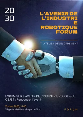 Affiche de forum de recherche en robotique montrant un robot et un humain se serrant la main sur un fond texturé bleu marine.