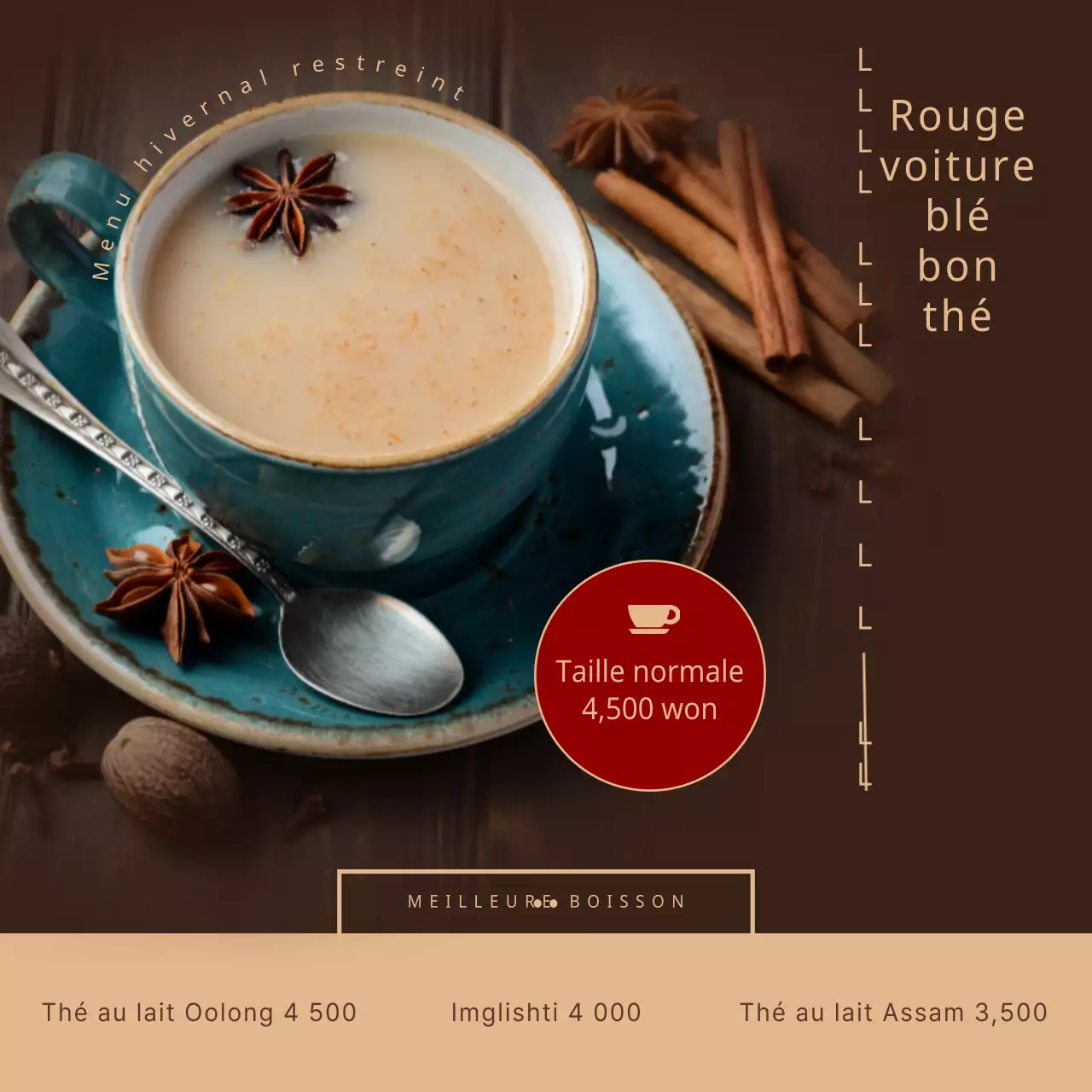 Un menu de café chic avec un service à thé sentimental en beige et rouge.