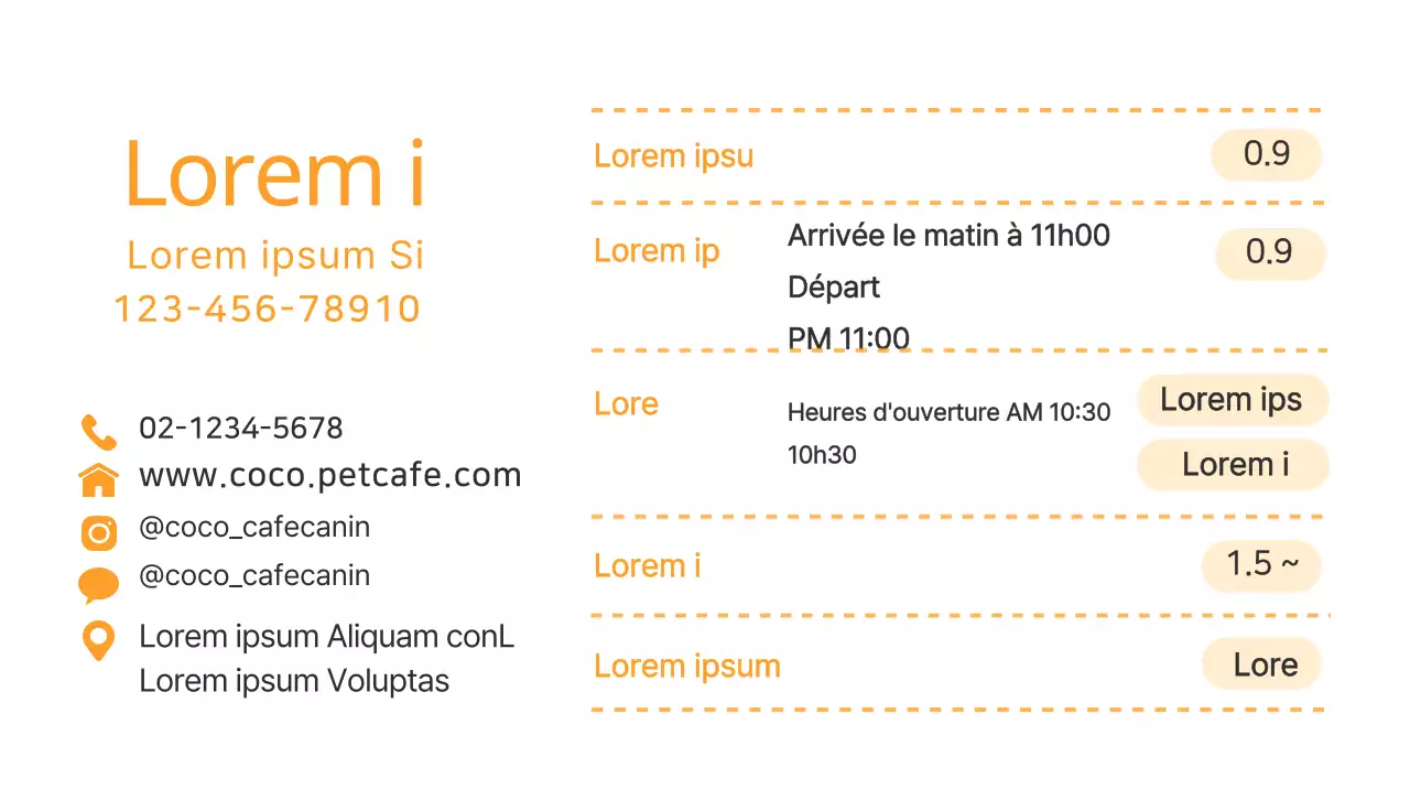 Carte de visite d'un café pour animaux avec illustration d'un chien jaune