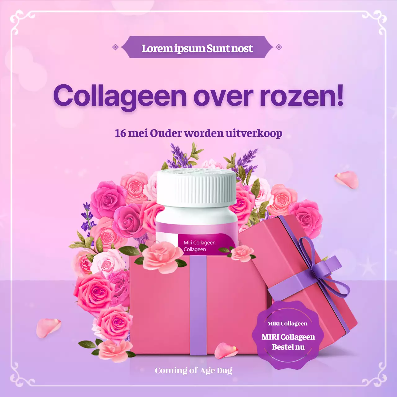 Een vrouwelijke rozenachtergrond in roze en paars voor een collageen-evenement op leeftijd