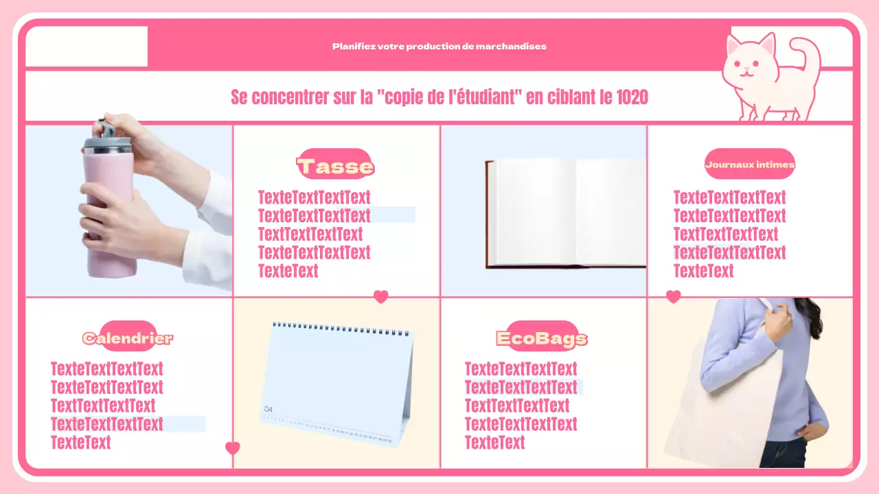 Page de présentation d'un personnage et d'un produit mignon sur fond de damier rose