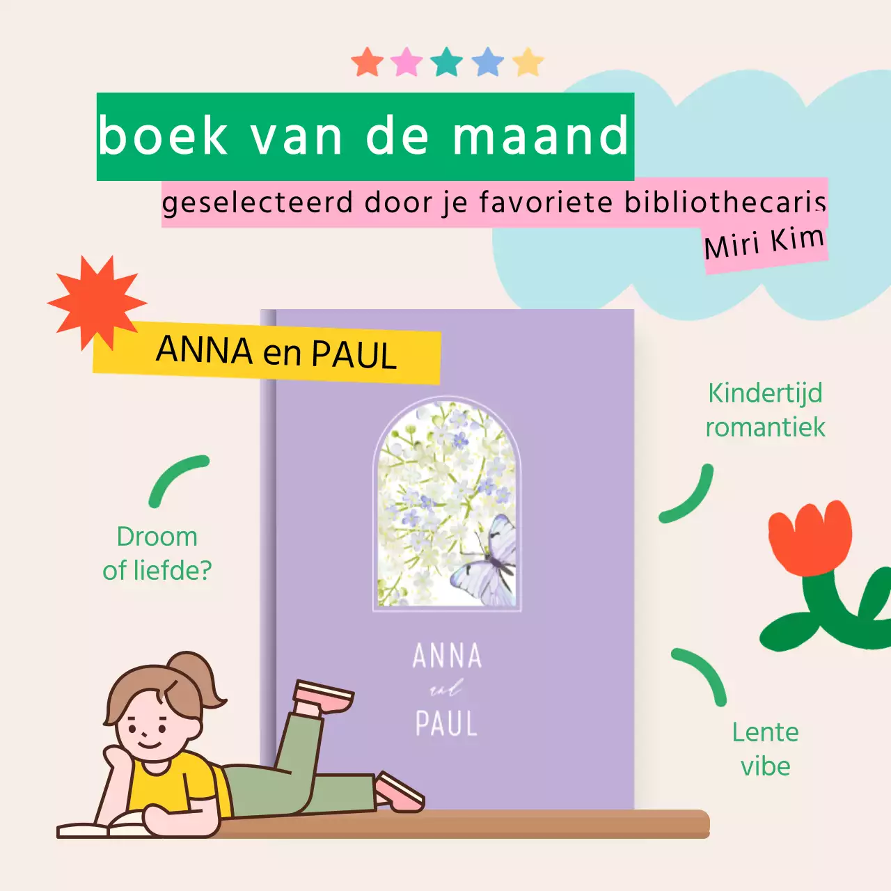 De boekaanbevelingen van deze maand met een beige achtergrond en een schattig, helder thema V1