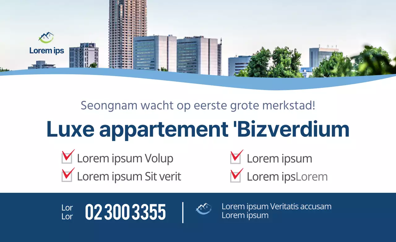 Eenvoudige, strakke lay-outstijl in marineblauw en wit voor advertenties van appartementen