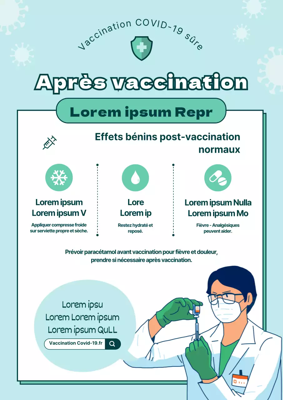 Instructions illustrées bleu clair et vert pour la vaccination contre le coronavirus