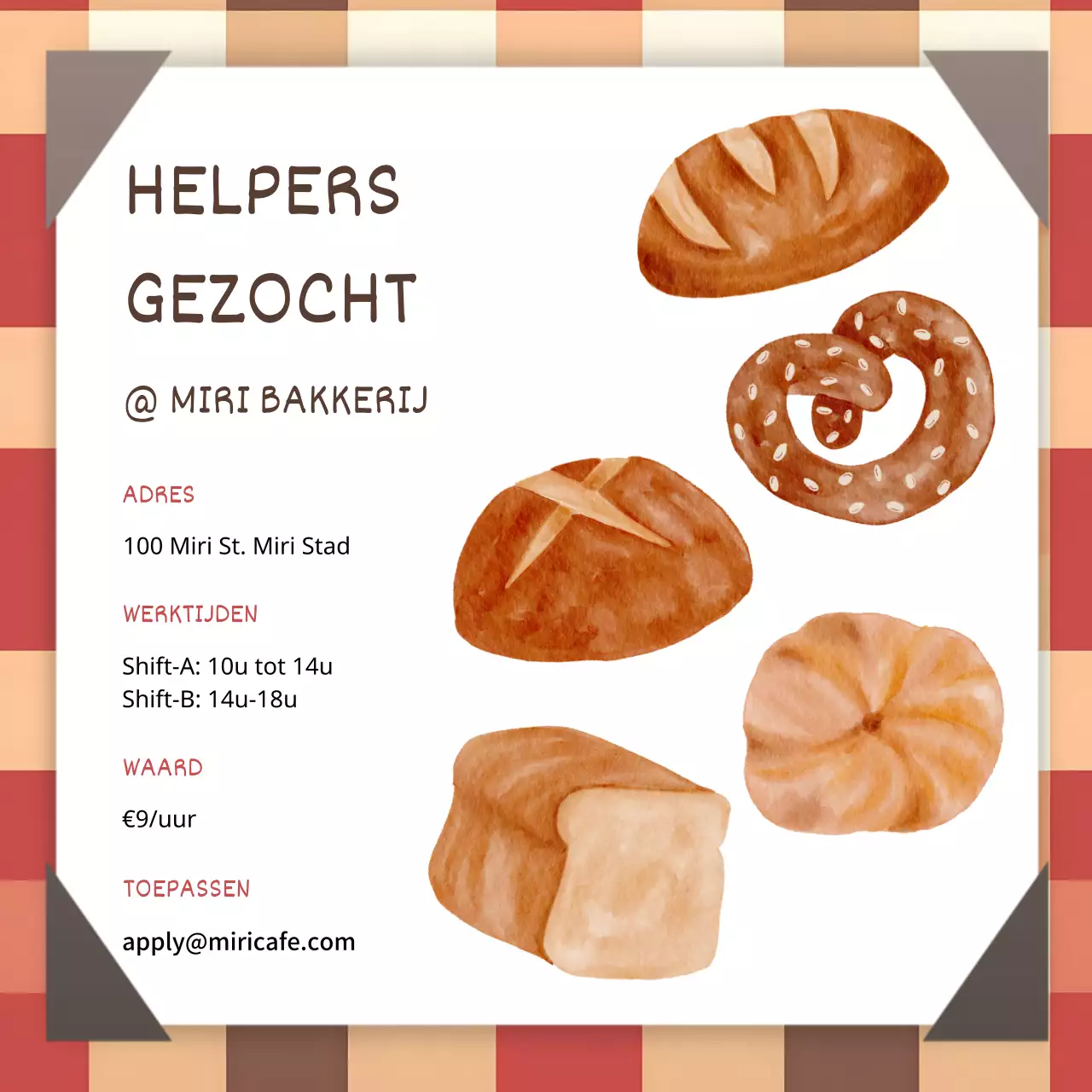 Bakkerij job advertentie met rode geruite achtergrond en vintage stijl illustratie V1