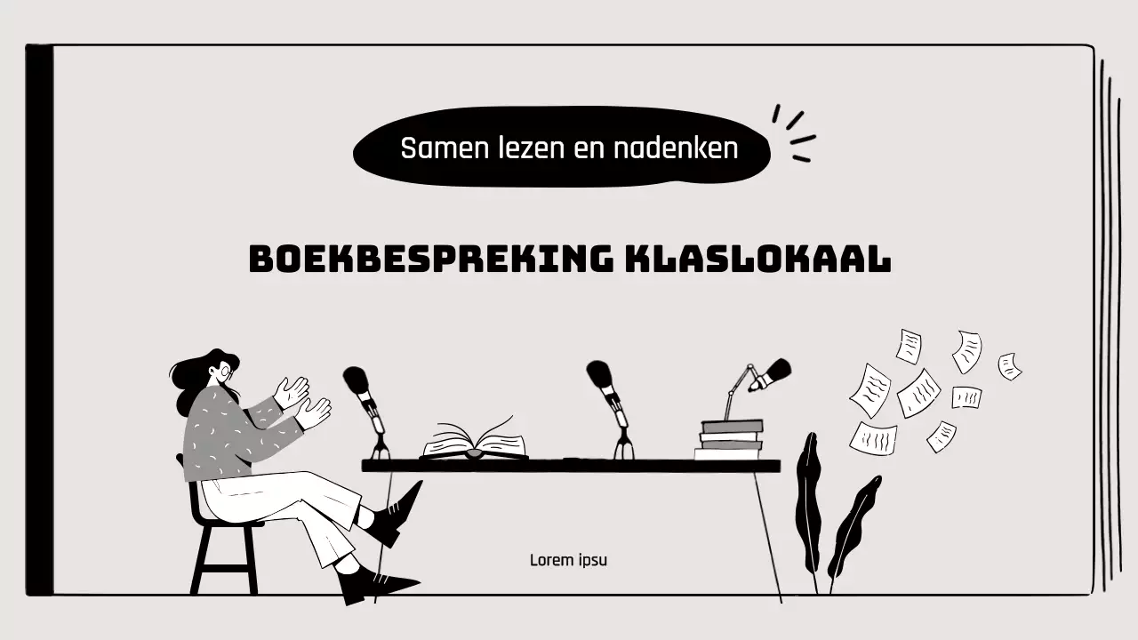 Boekbespreking in klaslokaal met illustraties van tekeningen in beige en zwart