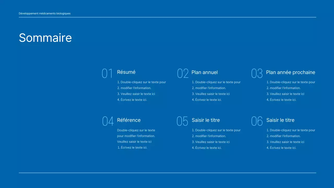 Un plan d'affaires propre, aux tons bleus, pour une entreprise pharmaceutique qui développe un nouveau médicament.