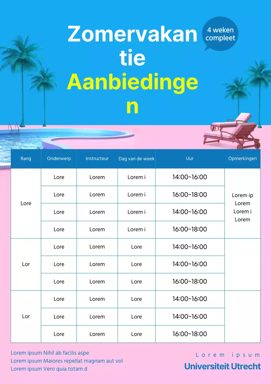 Blauwe en roze flyer ter promotie van het zomerschoolrooster voor de zomervakantie