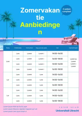 Blauwe en roze flyer ter promotie van het zomerschoolrooster voor de zomervakantie