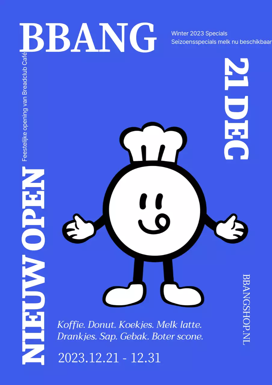 Een eenvoudige, blauwe poster die de opening van een dessertwinkel promoot.