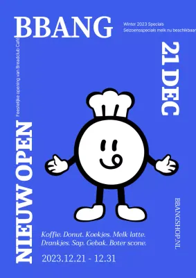 Een eenvoudige, blauwe poster die de opening van een dessertwinkel promoot.