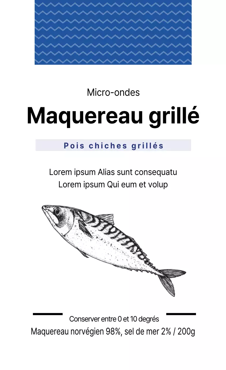 Bleu illustré poisson maquereau emballage étiquette