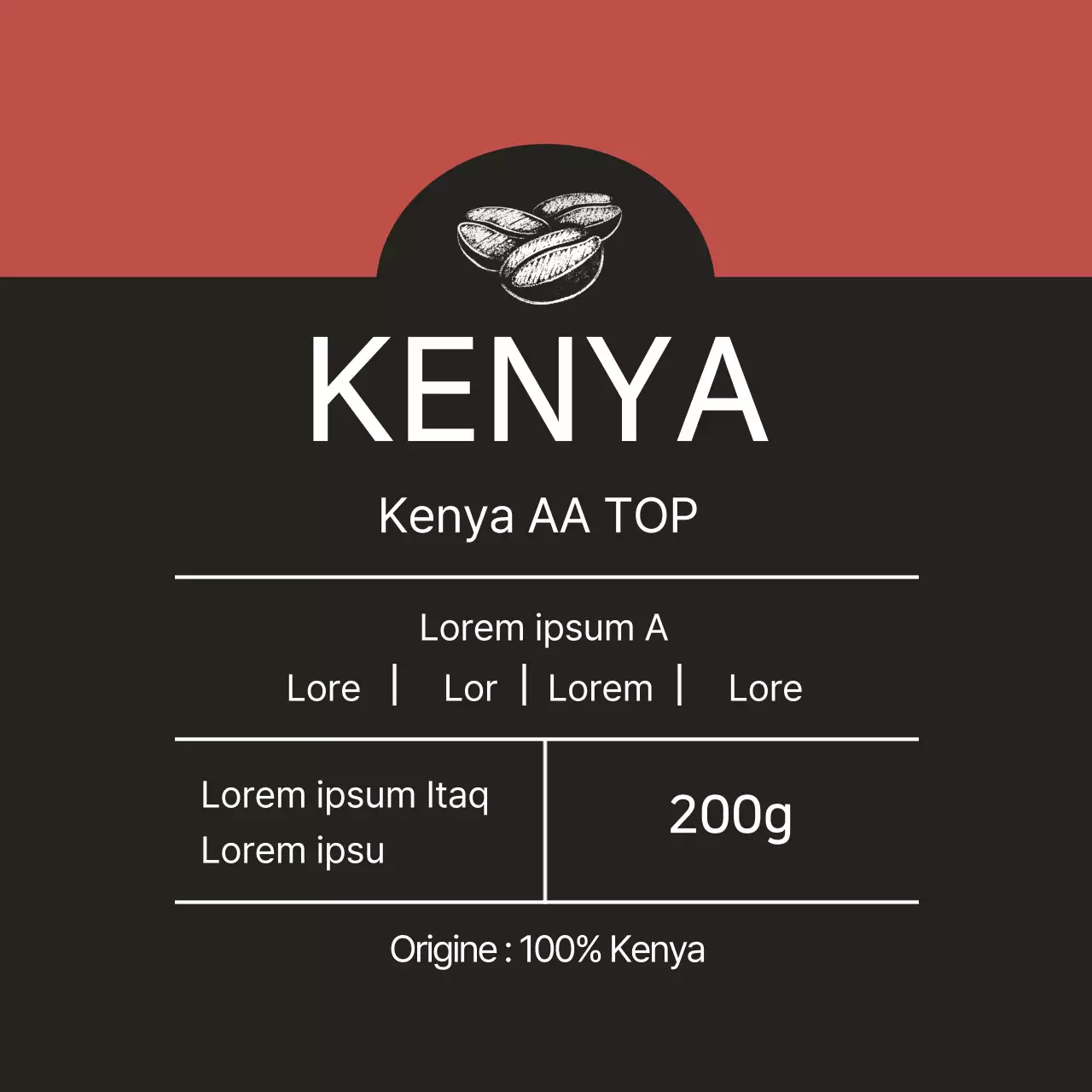 Étiquette rouge illustrée pour les grains de café