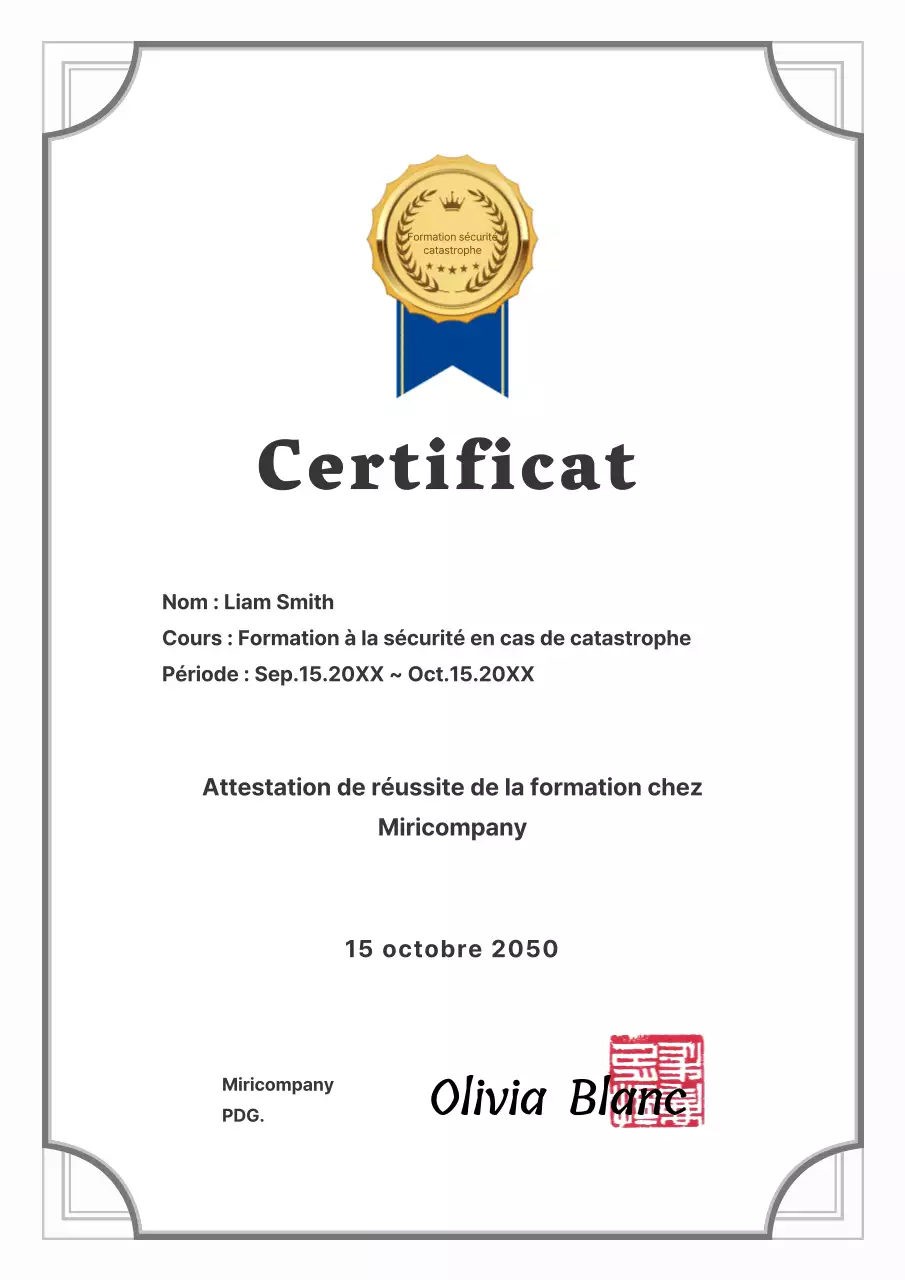 Certificat d'achèvement de formation à la sécurité simple modèle de document d'entreprise