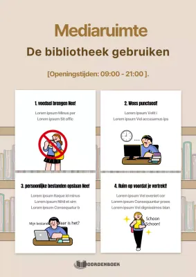 Een gids voor het gebruik van de bibliotheek met schattige bruine illustraties