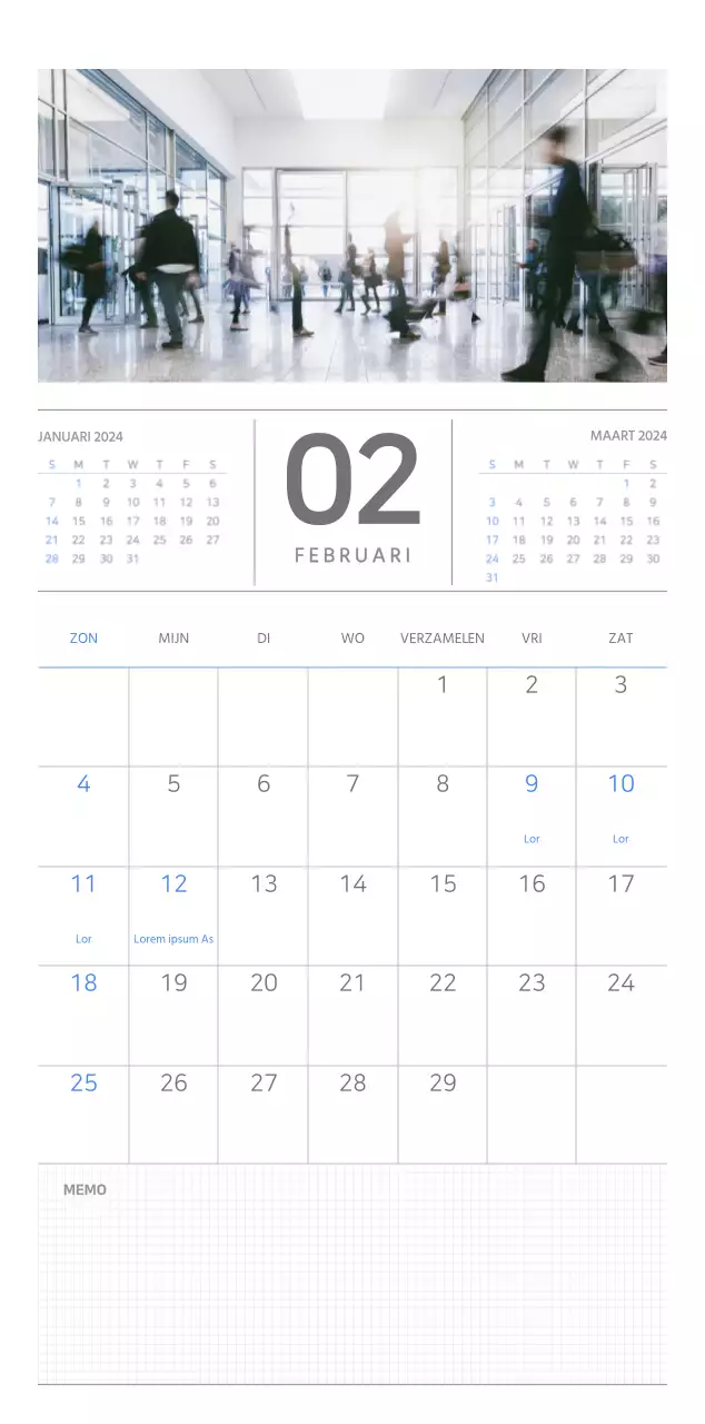 Eenvoudige zakelijke conceptmuurkalender in blauw en wit
