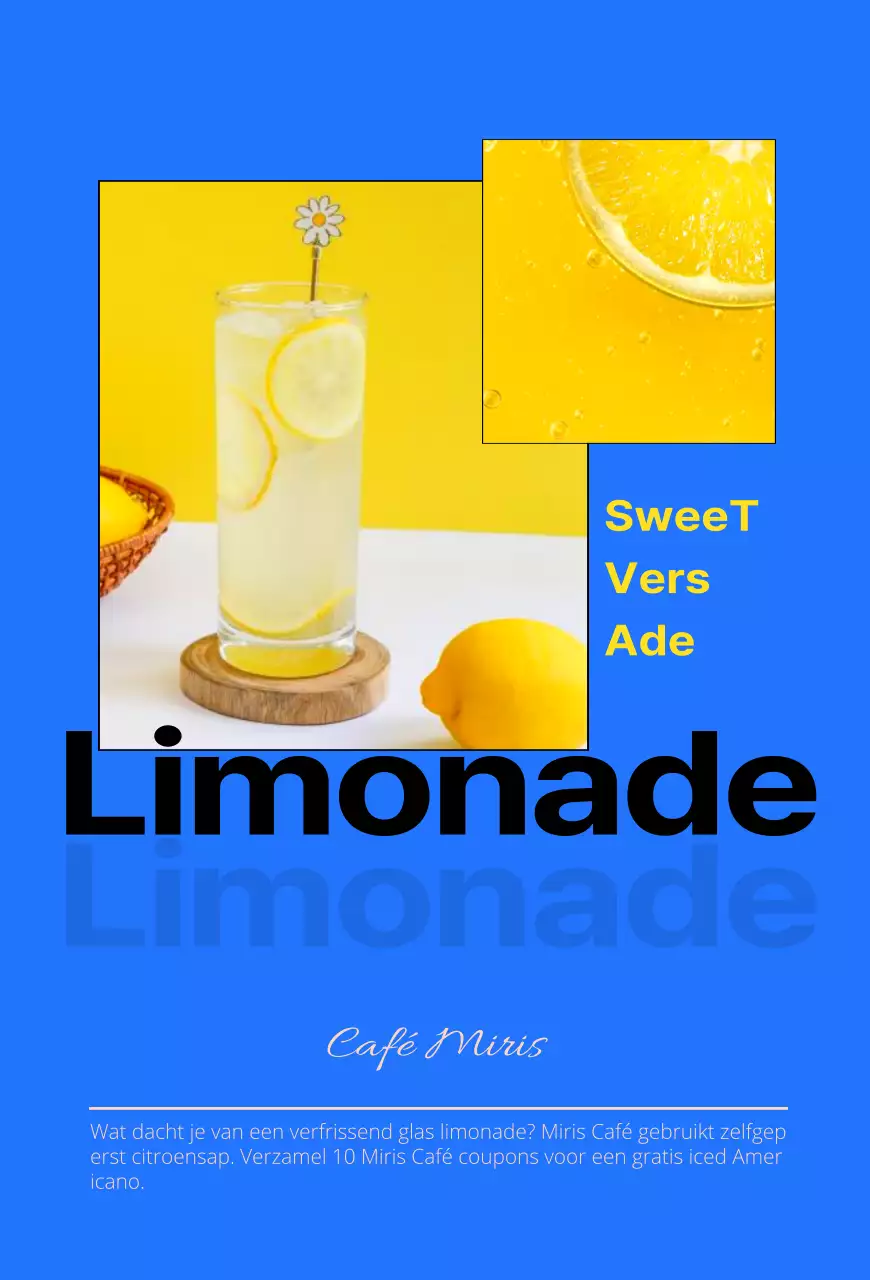 Markeer tekst in blauw en zwart om een hip concept cafédrankje te promoten