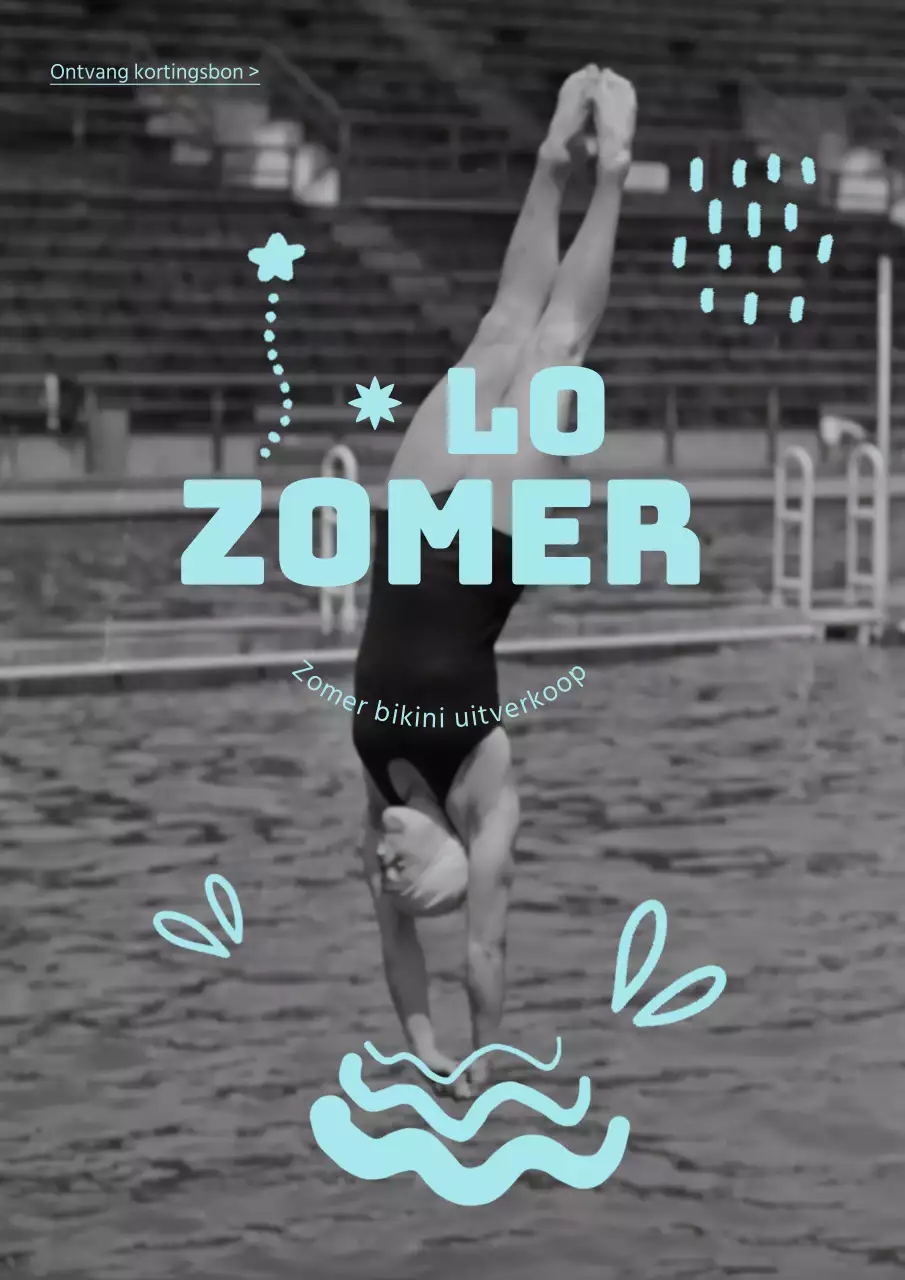 Vintage zomerdoodle met een duikend meisje in zwart-wit en hemelsblauw