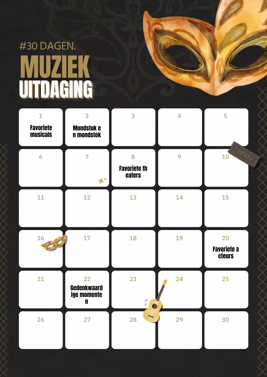 Klassieke muzikale 30-dagen challenge poster in bruin